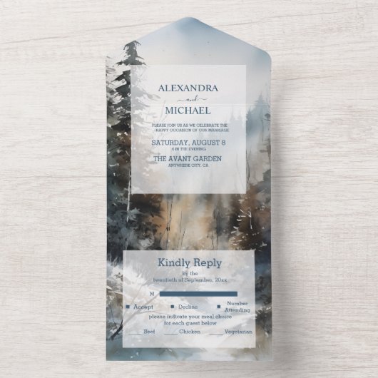 Rustieke Waterverf Pine Tree Bruiloft All In One Uitnodiging (Binnen)