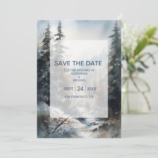 Rustieke Waterverf Pine Tree Bruiloft Save The Date (Staand voorkant)