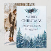 Rustieke Waterverf Pine Tree Forest Foto Kerstmis Feestdagenkaart (Voorkant / Achterkant)