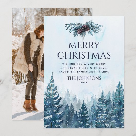 Rustieke Waterverf Pine Tree Forest Foto Kerstmis Feestdagenkaart (Voorkant / Achterkant)