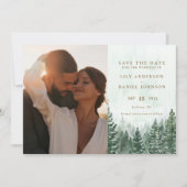 Rustieke Waterverf Pine Tree Forest Foto QR Code Save The Date (Voorkant)