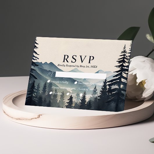 Rustieke Waterverf Pine Tree Mountain bruiloft RSV RSVP Kaartje