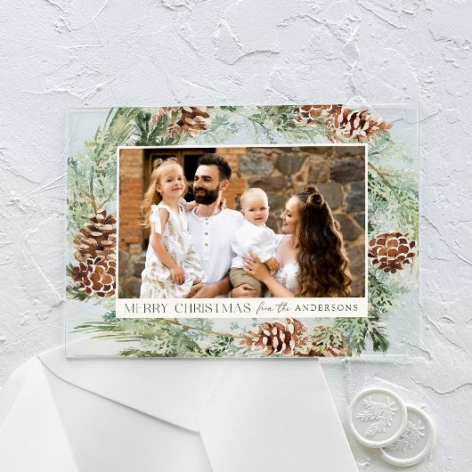 Rustieke Waterverf Pinecone Krans Vakantiefoto Acryl Uitnodigingen