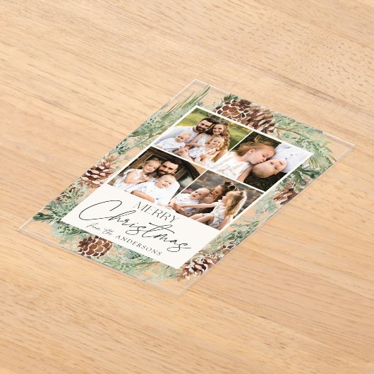 Rustieke Waterverf Pinecone Photo Collage Vakantie Acryl Uitnodigingen (Laagn)