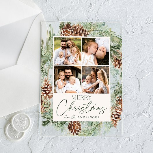 Rustieke Waterverf Pinecone Photo Collage Vakantie Acryl Uitnodigingen