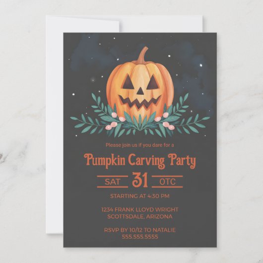 Rustieke Waterverf Pompoen Carving Party Halloween Kaart (Voorkant)