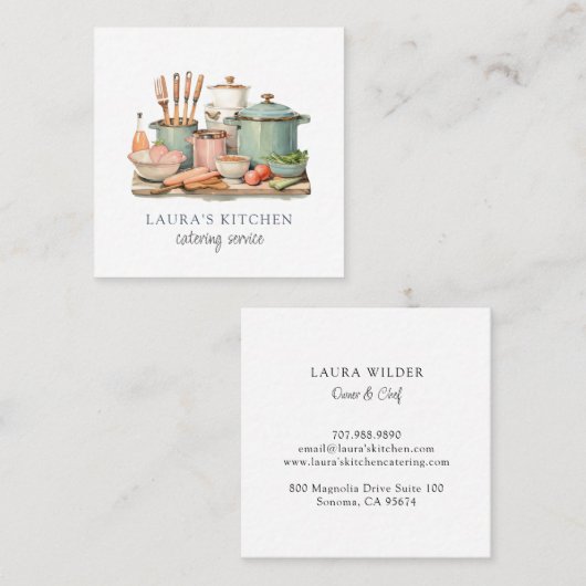 Rustieke Waterverf potten pannen eten keukengerei Vierkante Visitekaartje (Voorkant / Achterkant)