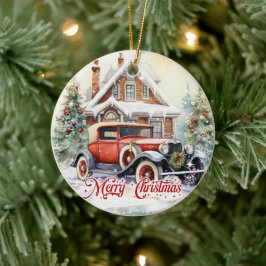 Rustieke waterverf retro auto en kerst huis keramisch ornament