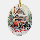 Rustieke waterverf retro auto en kerst huis keramisch ornament (Rechts)