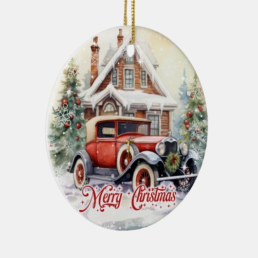 Rustieke waterverf retro auto en kerst huis keramisch ornament (Rechts)
