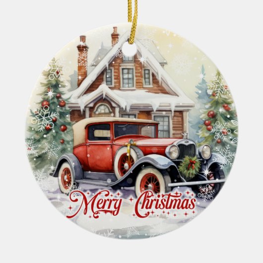 Rustieke waterverf retro auto en kerst huis keramisch ornament (Voorkant)