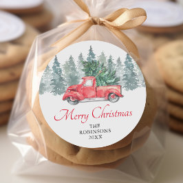 Rustieke Waterverf Rode Vrachtwagen Kerst Feestdag Ronde Sticker