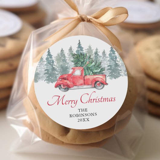 Rustieke Waterverf Rode Vrachtwagen Kerst Feestdag Ronde Sticker