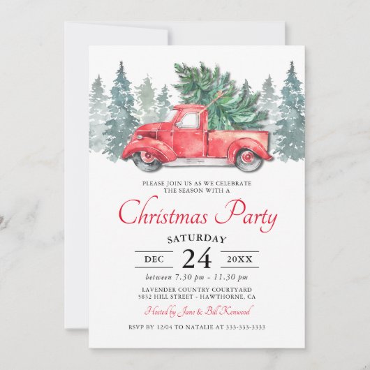 Rustieke Waterverf Rode Vrachtwagen Kerstfeest Kaart (Voorkant)