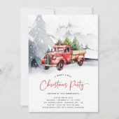 Rustieke Waterverf Rode Vrachtwagen Winter Kerstfe Kaart (Voorkant)