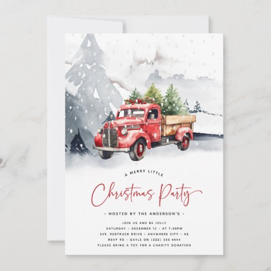 Rustieke Waterverf Rode Vrachtwagen Winter Kerstfe Kaart (Voorkant)