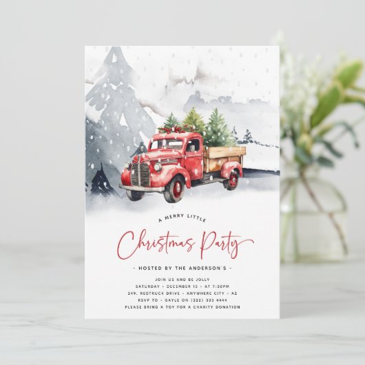 Rustieke Waterverf Rode Vrachtwagen Winter Kerstfe Kaart (Staand voorkant)