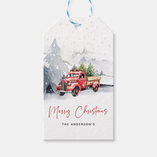 Rustieke Waterverf Rode Vrachtwagen Winter Kerstmi Cadeaulabel (Voorkant)