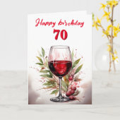Rustieke Waterverf rode wijnglas 70e verjaardag Kaart (Gele Bloem)