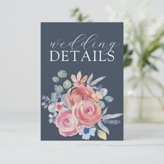 Rustieke Waterverf Roos Bloemen Trouwdetail Informatiekaartje (Staand voorkant)