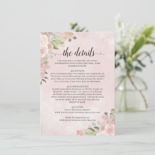 Rustieke Waterverf Roze Bloemen bruiloft Details Informatiekaartje (Staand voorkant)
