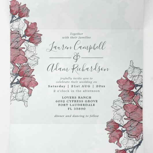 Rustieke Waterverf Roze Flora Alles In Een Bruilof Drieluik Uitnodiging (Binnenkant midden)
