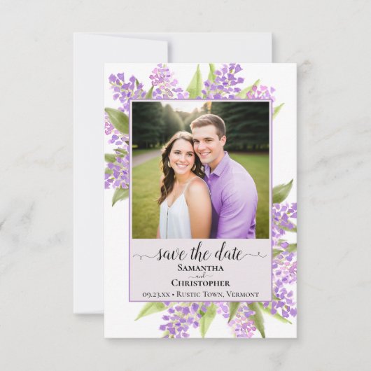 Rustieke Waterverf Sering & Foto Lavendel Bruiloft Save The Date (Voorkant)
