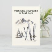 Rustieke Waterverf Ski Sneeuwboom Bergwinter Feestdagenkaart (Staand voorkant)