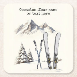 Rustieke Waterverf Ski Sneeuwboom Bergwinter Kartonnen Onderzetters