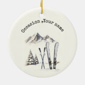 Rustieke Waterverf Ski Sneeuwboom Bergwinter Keramisch Ornament (Achterkant)
