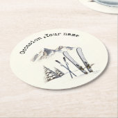 Rustieke Waterverf Ski Sneeuwboom Bergwinter Ronde Kartonnen Onderzetter (Gebogen)