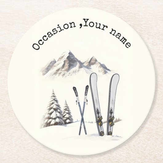 Rustieke Waterverf Ski Sneeuwboom Bergwinter Ronde Kartonnen Onderzetter (Voorkant)