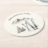 Rustieke Waterverf Ski Sneeuwboom Bergwinter Ronde Kartonnen Onderzetter (Gebogen)