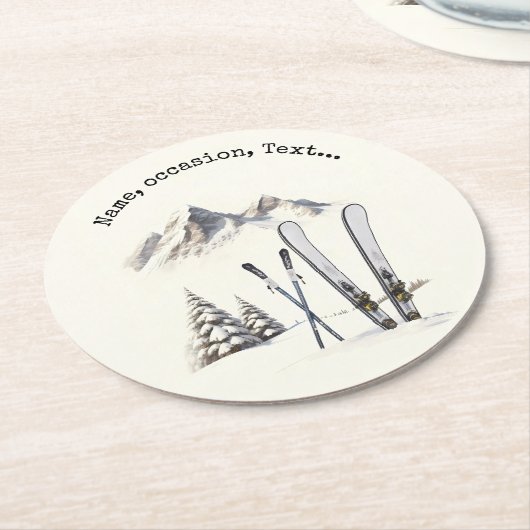 Rustieke Waterverf Ski Sneeuwboom Bergwinter Ronde Kartonnen Onderzetter (Gebogen)