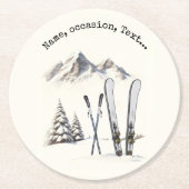 Rustieke Waterverf Ski Sneeuwboom Bergwinter Ronde Kartonnen Onderzetter (Voorkant)