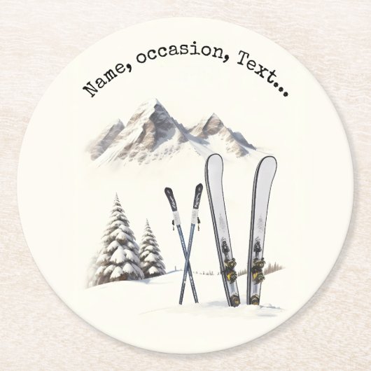 Rustieke Waterverf Ski Sneeuwboom Bergwinter Ronde Kartonnen Onderzetter (Voorkant)