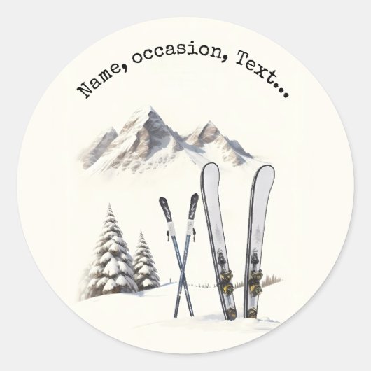 Rustieke Waterverf Ski Sneeuwboom Bergwinter Ronde Sticker (Voorkant)