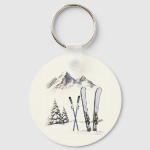 Rustieke Waterverf Ski Sneeuwboom Bergwinter Sleutelhanger