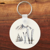 Rustieke Waterverf Ski Sneeuwboom Bergwinter Sleutelhanger (Voorkant)