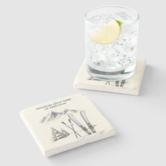 Rustieke Waterverf Ski Sneeuwboom Bergwinter Stenen Onderzetter (Zijkant)