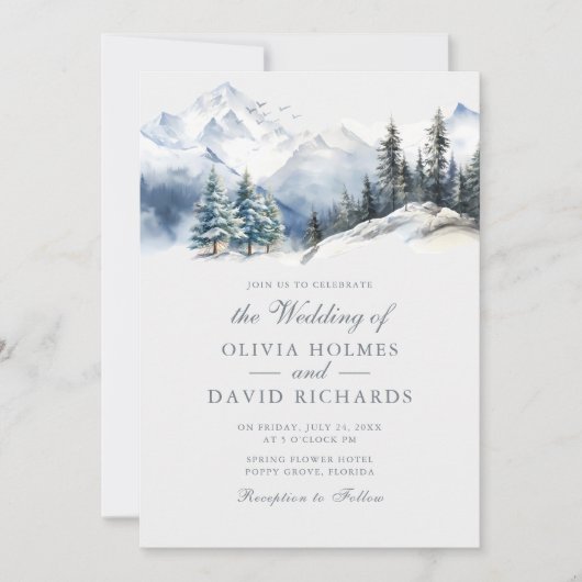 Rustieke Waterverf Snow Mountain Pine Bomen Bruilo Kaart (Voorkant)