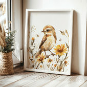 Rustieke Waterverf Sparrow Bird Painting Wildflowe Poster