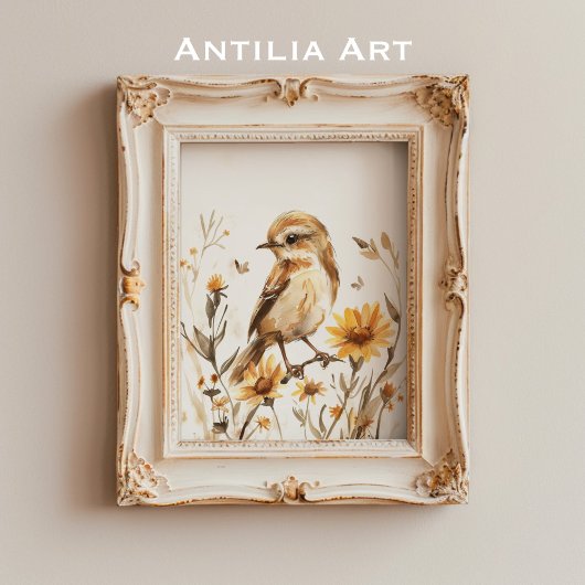 Rustieke Waterverf Sparrow Bird Painting Wildflowe Poster