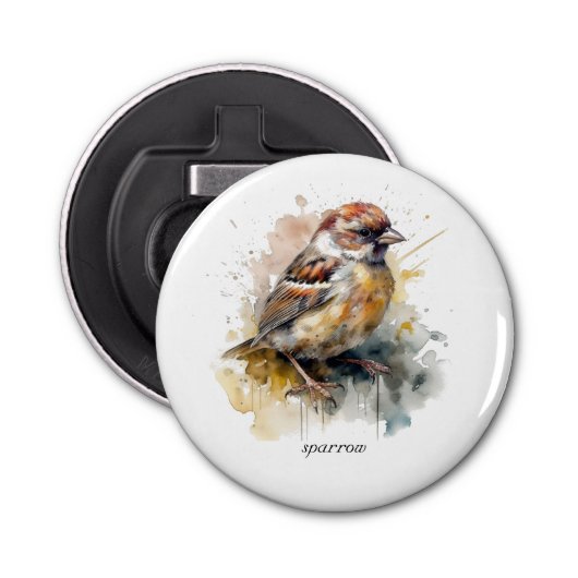Rustieke Waterverf Sparrow, op maat Button Flesopener (Voorkant)