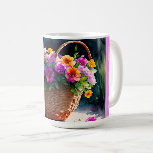 Rustieke Waterverf Spring Bloemenmand Monogram Koffiemok (Voorkant rechts)