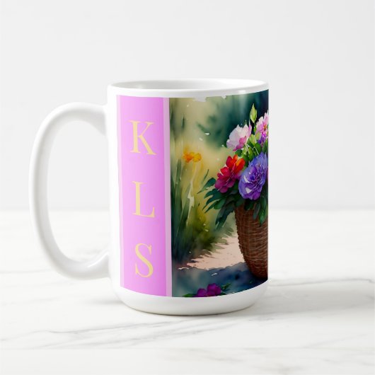 Rustieke Waterverf Spring Bloemenmand Monogram Koffiemok (Links)