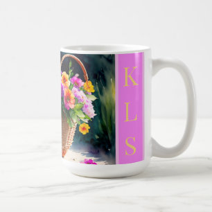 Rustieke Waterverf Spring Bloemenmand Monogram Koffiemok