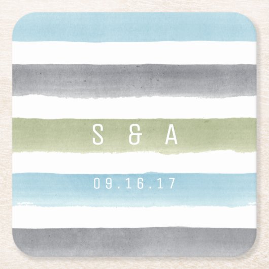 Rustieke waterverf strepen monogram strand bruilof kartonnen onderzetters (Voorkant)