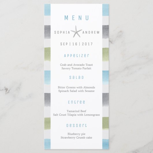 Rustieke waterverf strepen strand bruiloft menu (Voorkant)