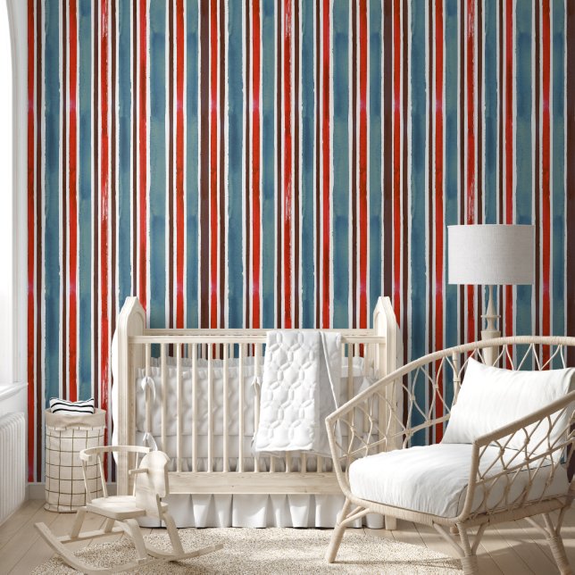 Rustieke Waterverf Stripes - Rood, Blauw en Bruin Behang (Kinderen)